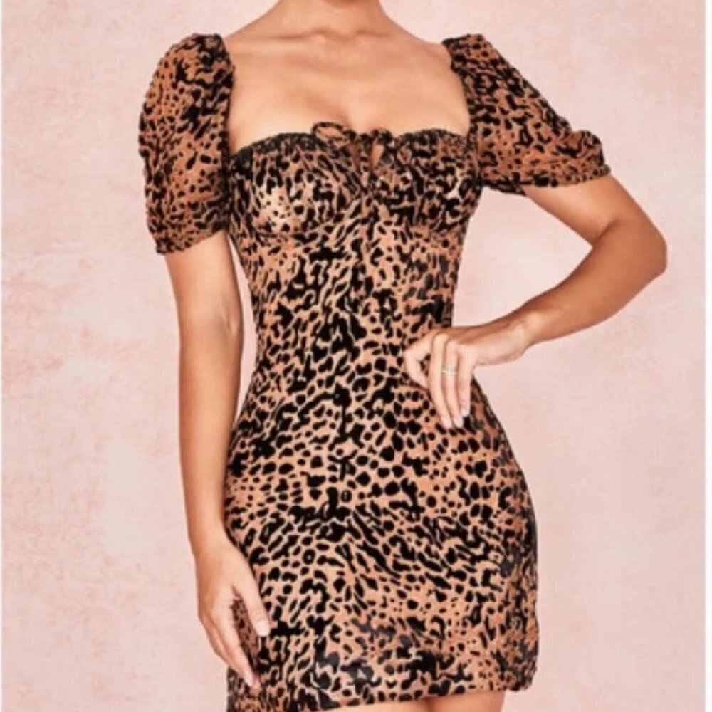 House of CB Athena Leopard Print Ruffle Tea Dress in Brown‎ & Black sz L+